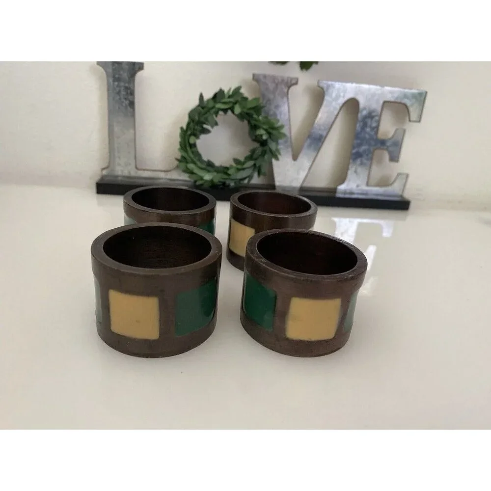 Vintage 1980s Pier 1 Napkin Rings Bronze Green Yellow Inlay Set of 4‎ Retro EUC